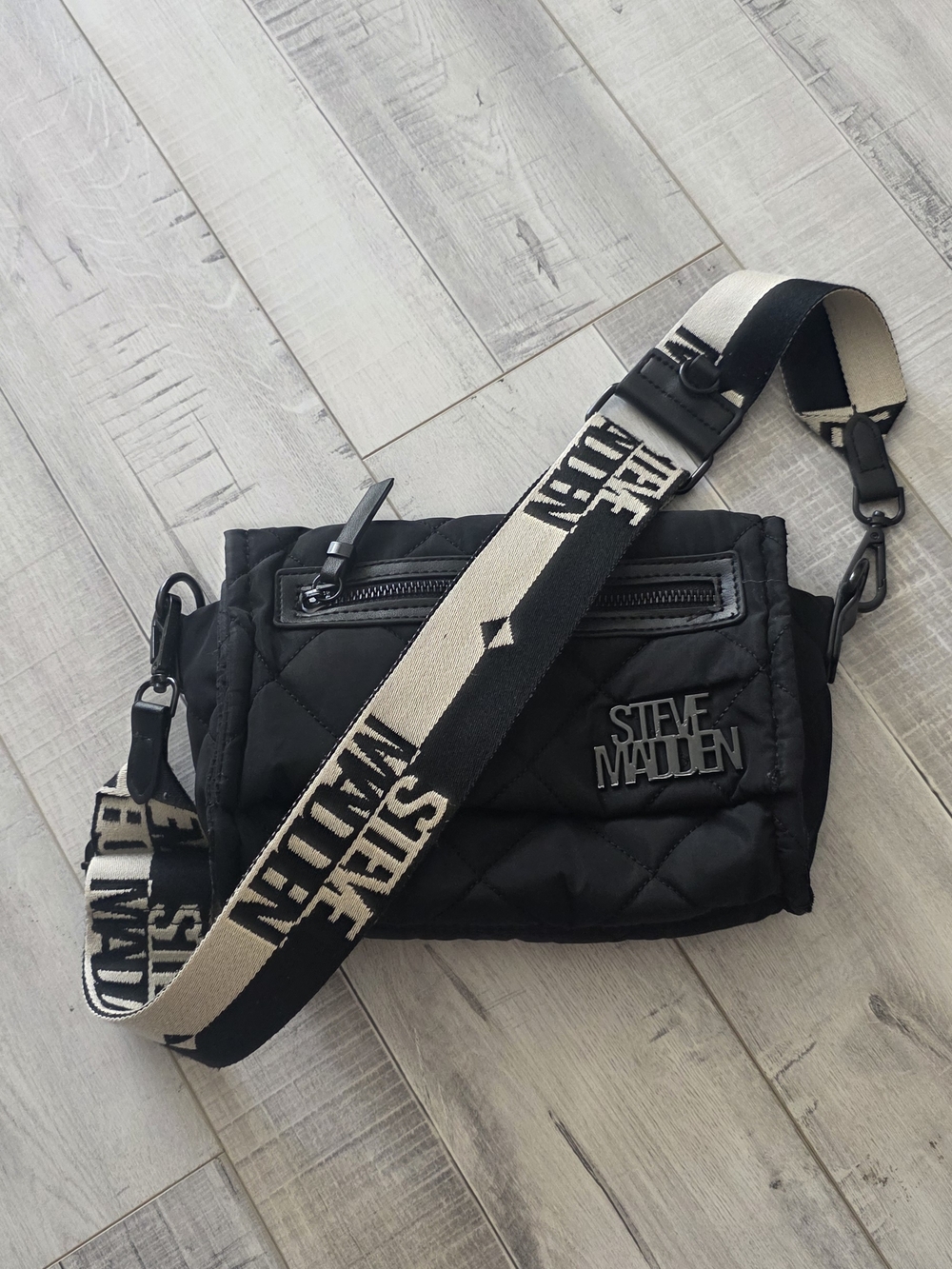 Steve Madden Small Black Quilted Belt Bag with Branded Off White/Black Strap